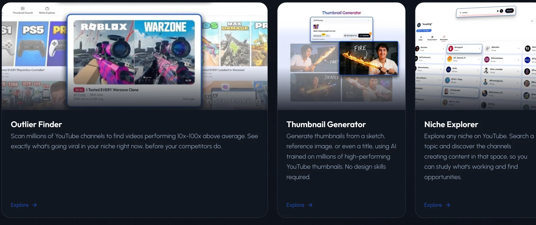 1of10 Outlier Finder, Thumbnail Generator and Niche Explorer feature cards