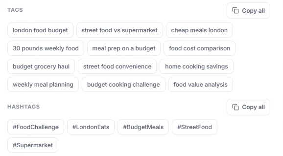 Cuely Publish Kit tags and hashtags for a London food budget video