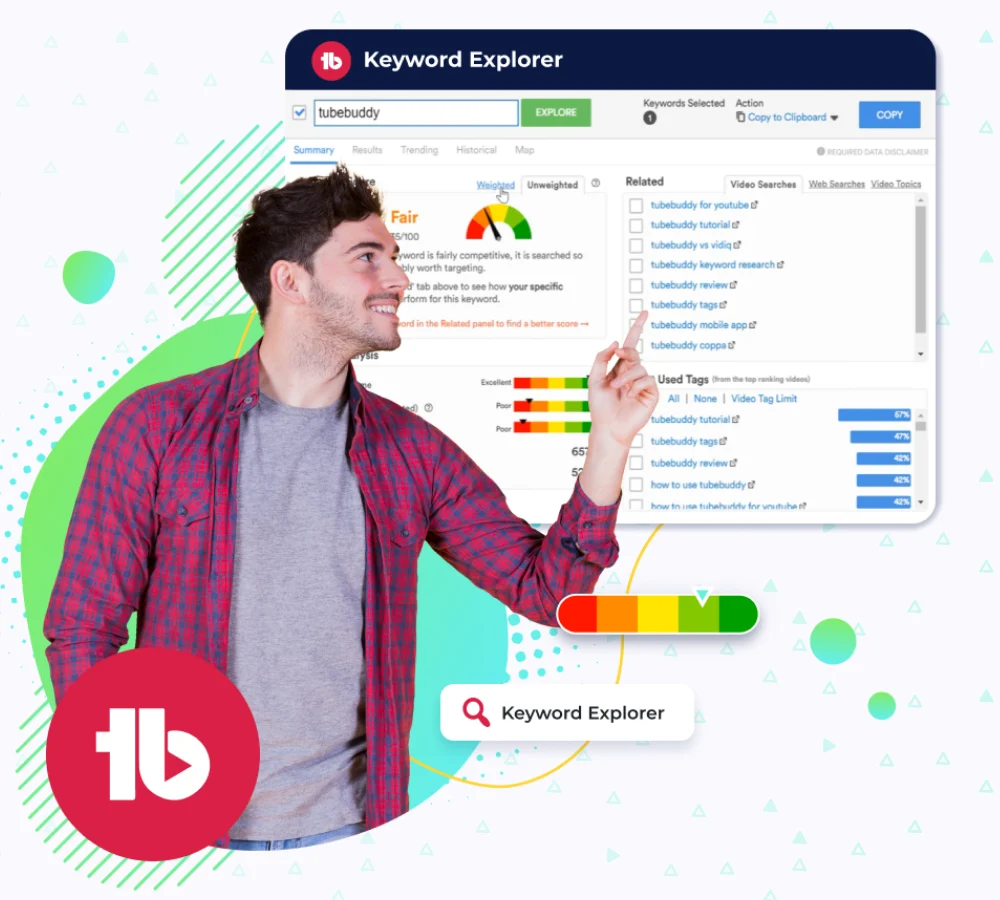 TubeBuddy Keyword Explorer showing a keyword score, related searches and most used tags
