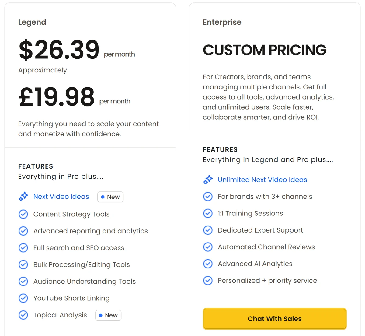 TubeBuddy Legend and Enterprise plans with their feature lists