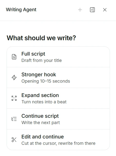 The Writing Agent in Cuely with Full script, Stronger hook, Expand section and Continue script