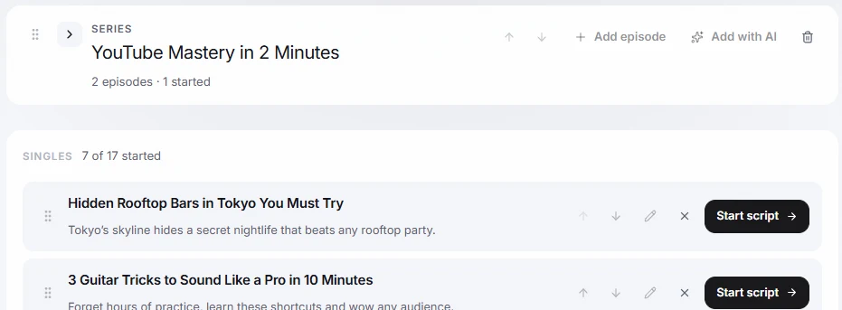 The Cuely Roadmap showing one series and a list of single videos with Start script buttons