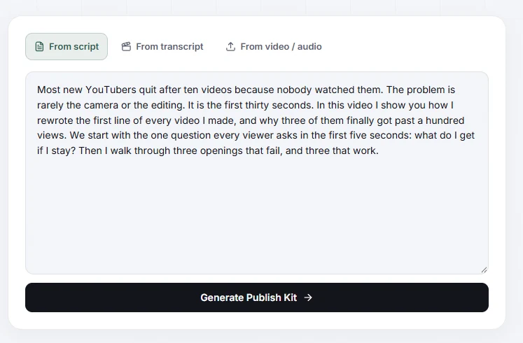 The free Get Publish Kit tool with a script pasted in and the Generate Publish Kit button