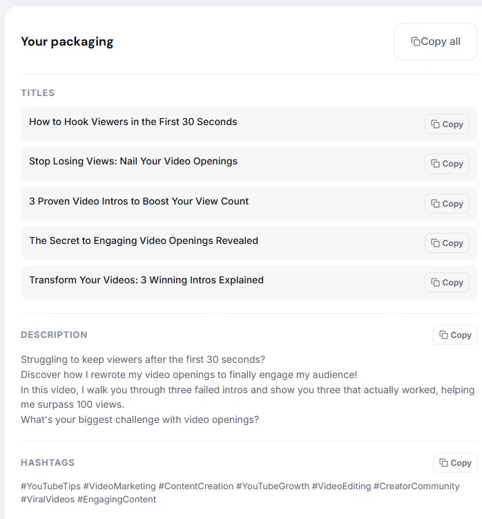 Generated Publish Kit with five titles, a description and hashtags