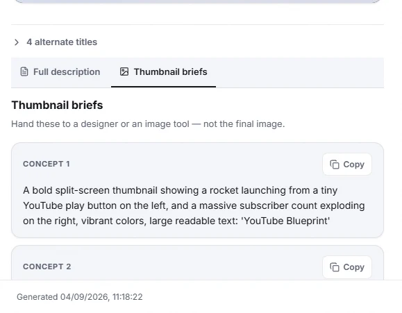 Thumbnail briefs in the Cuely Publish Kit
