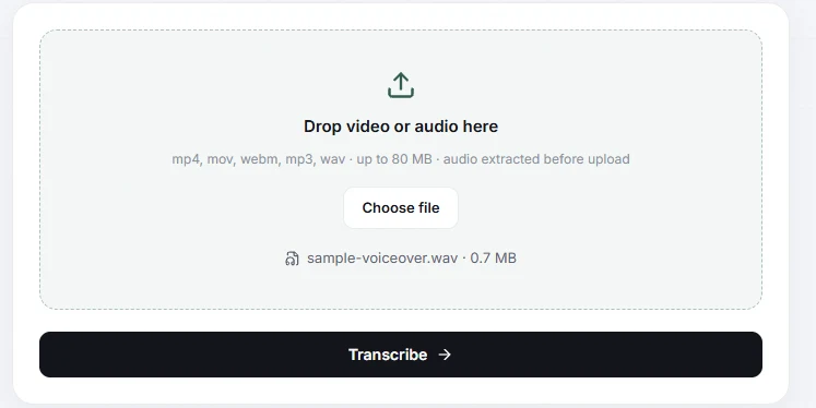 A selected audio file in the Get text from video tool with the Transcribe button